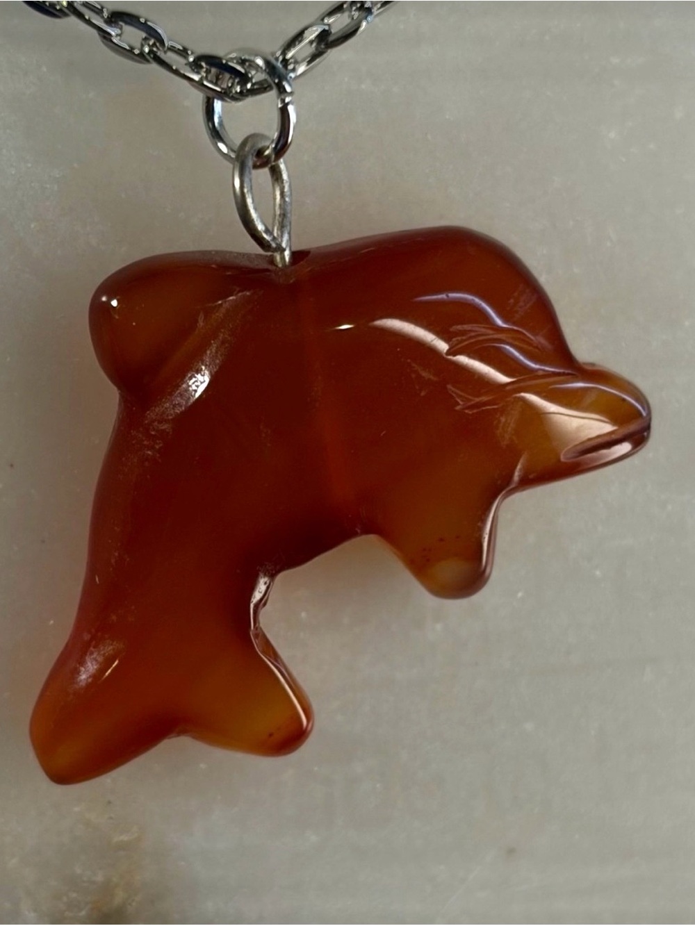 Carnelian Dolphin Hand-Carved Pendant Necklace Long